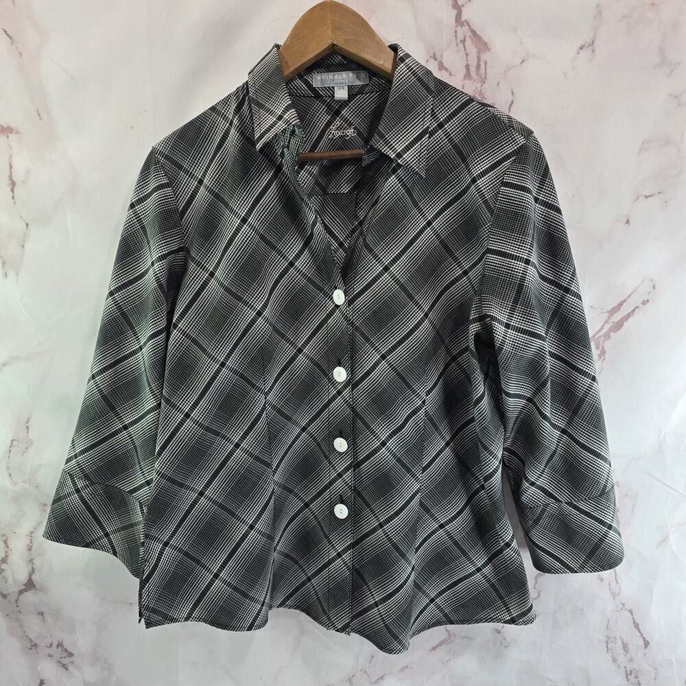 Foxcroft Shirt Women 10 Black Gray Plaid Button Up Wrinkle Free Non Iron Boxy